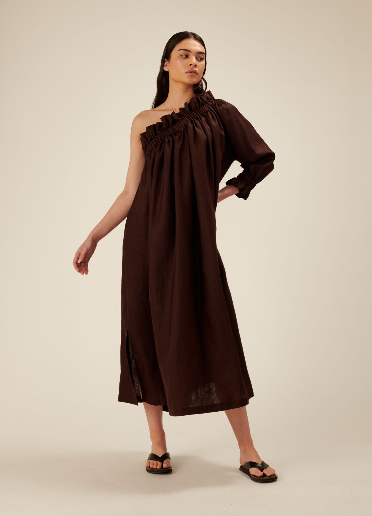 Dora One Sleeve Linen Midi Dress - Chocolate
