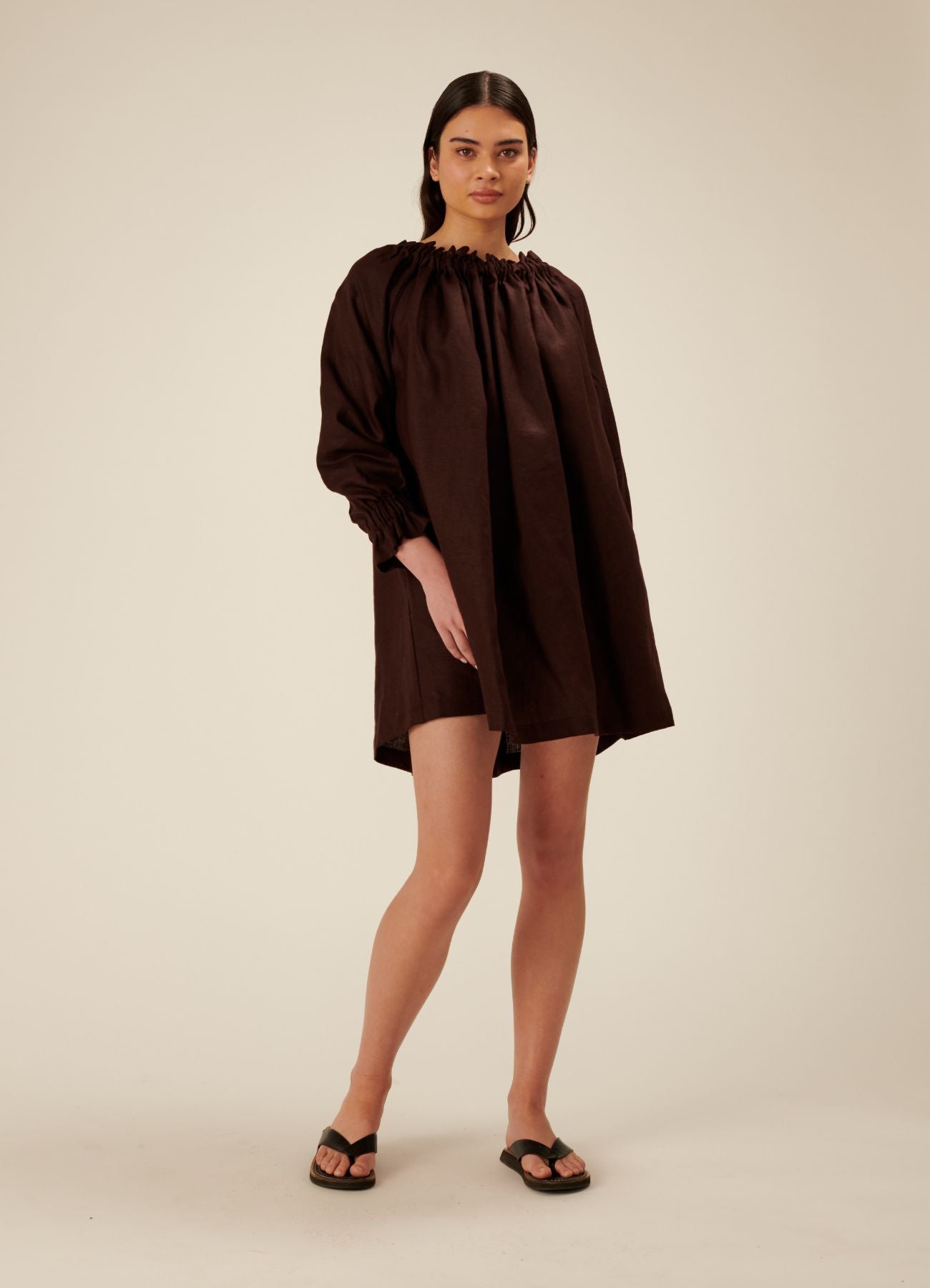 Florence Linen Mini Dress - Chocolate