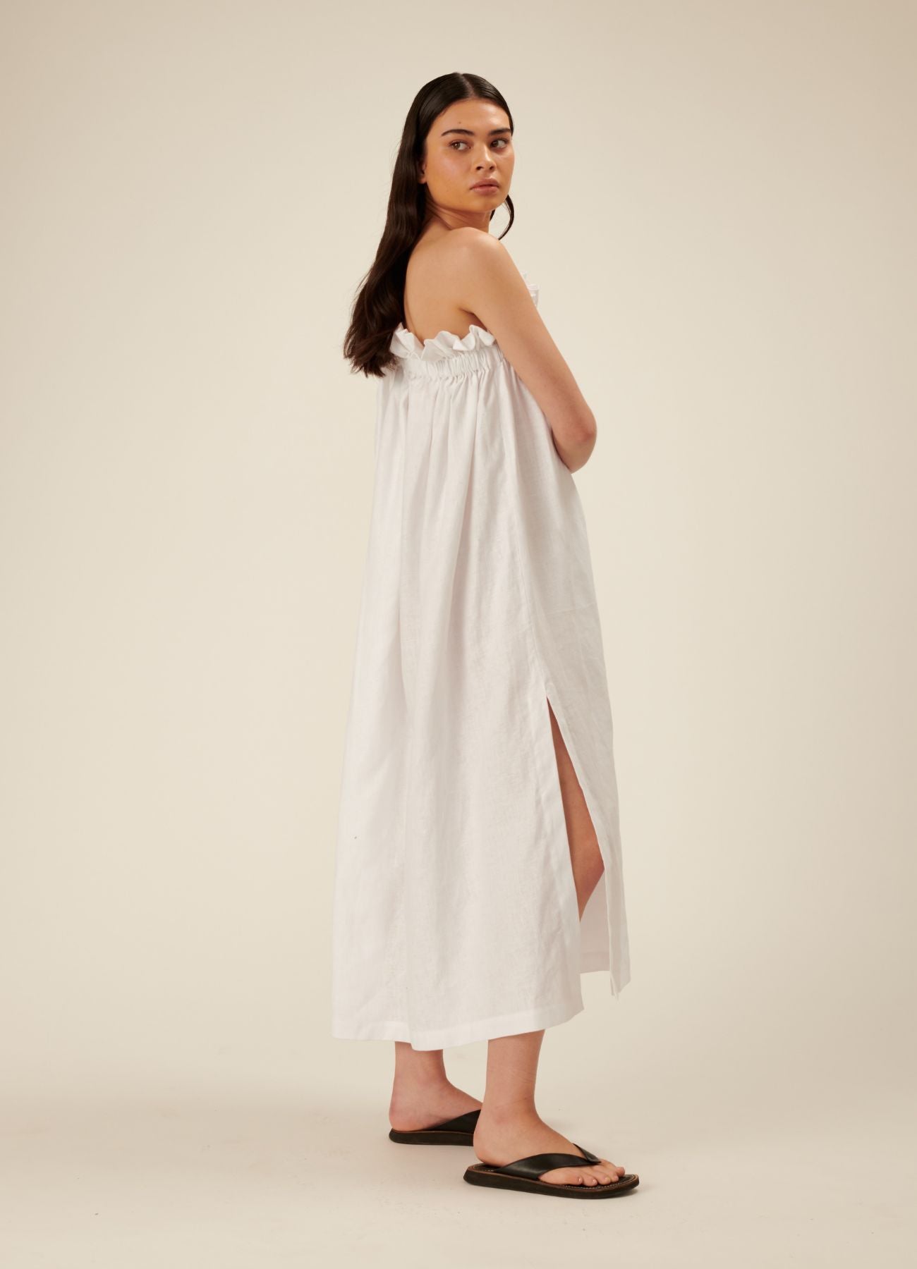 Dora One Sleeve Linen Midi Dress - White