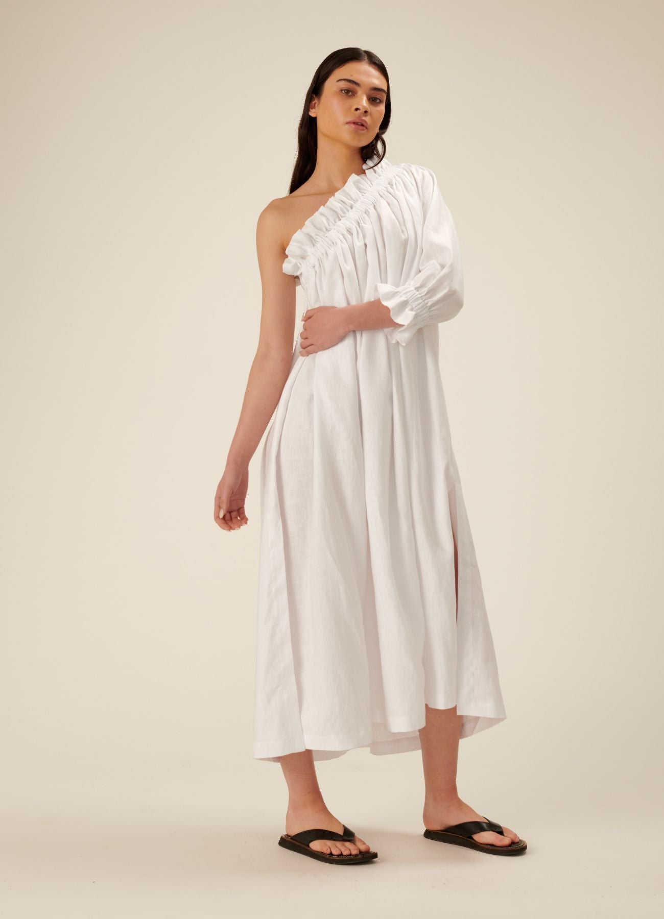 Dora One Sleeve Linen Midi Dress - White