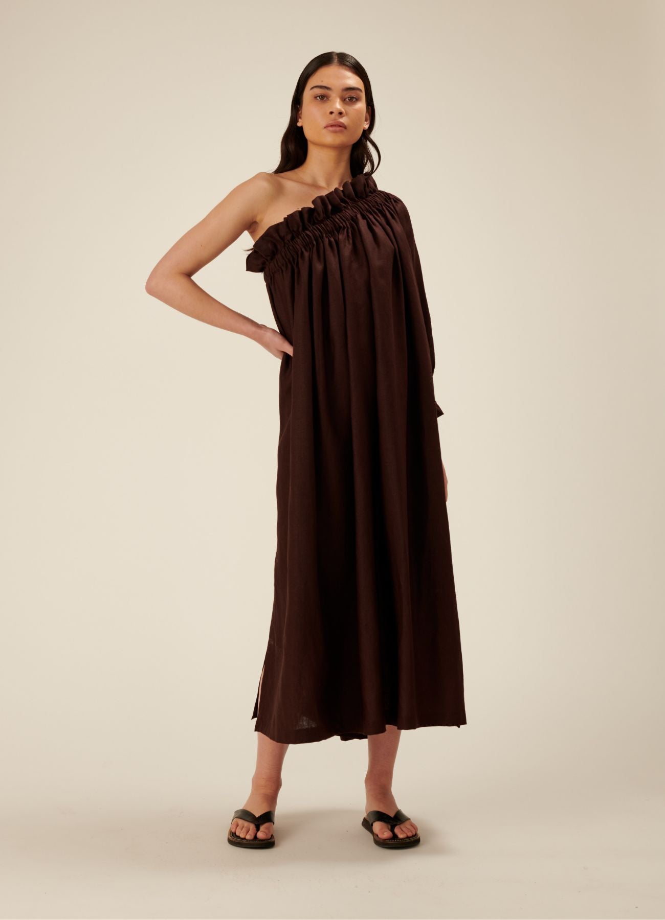 Dora One Sleeve Linen Midi Dress - Chocolate