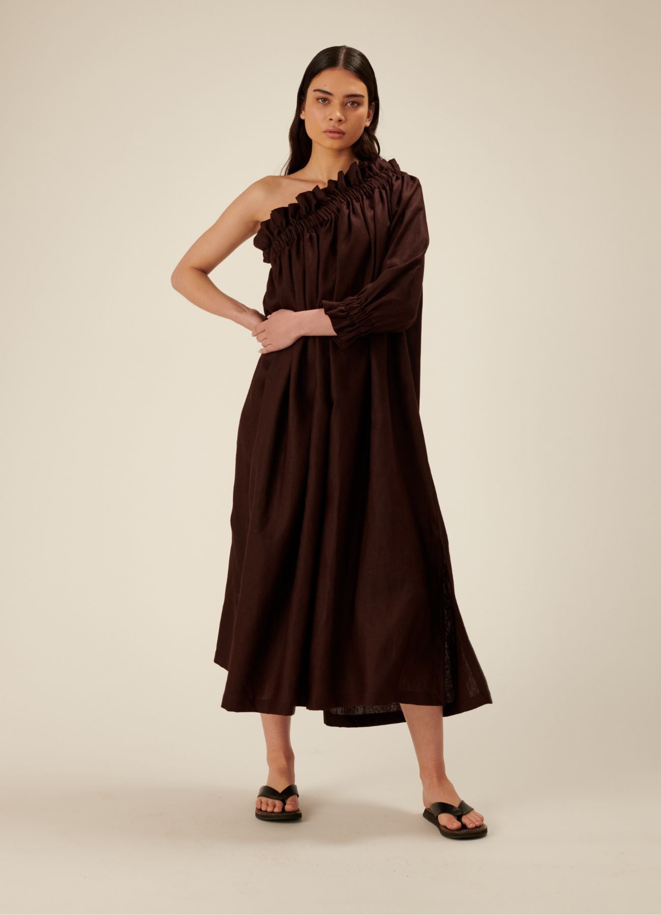 Dora One Sleeve Linen Midi Dress - Chocolate