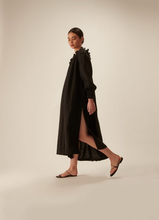 Dora One Sleeve Linen Midi Dress - Black