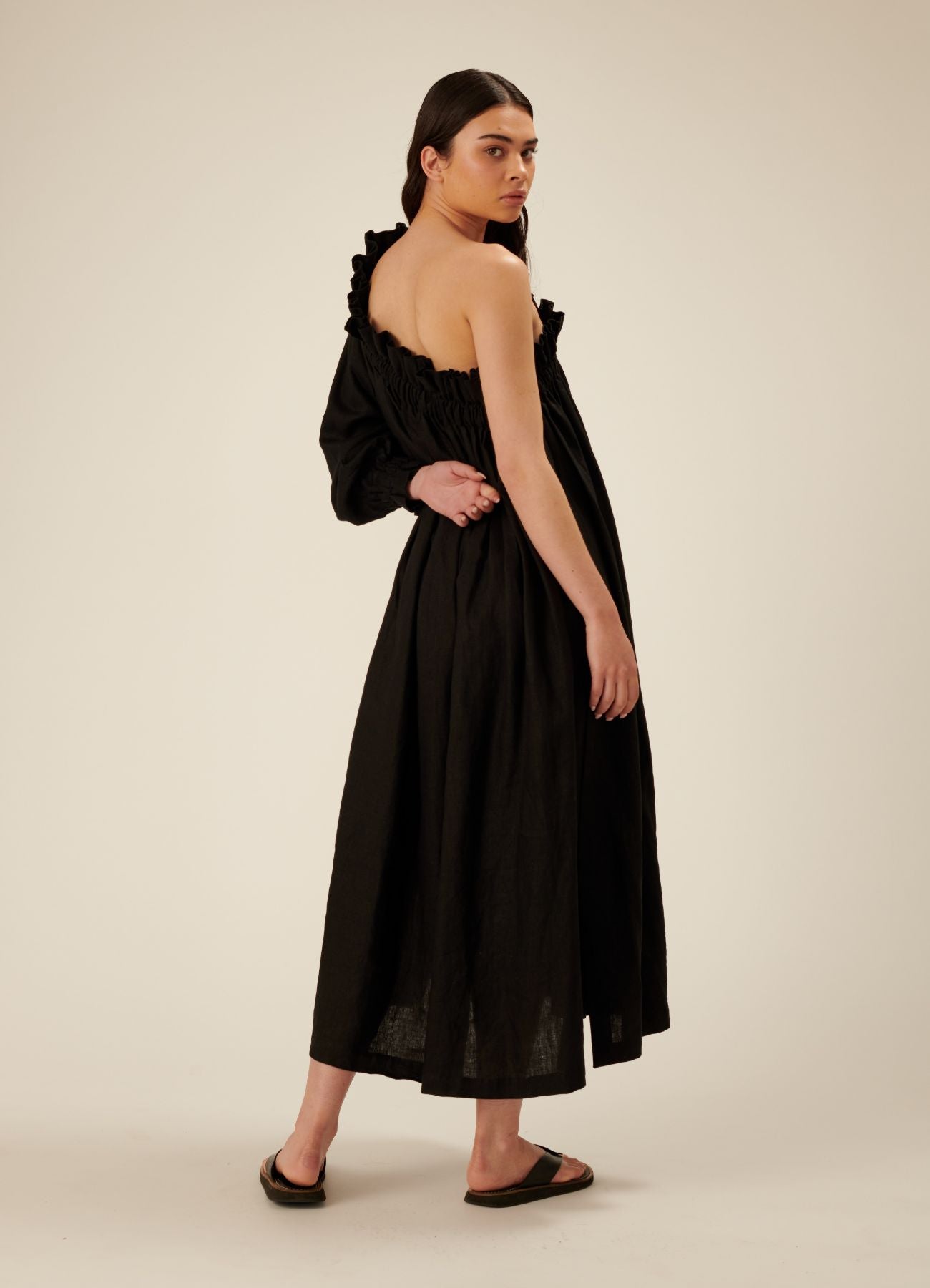 Dora One Sleeve Linen Midi Dress - Black