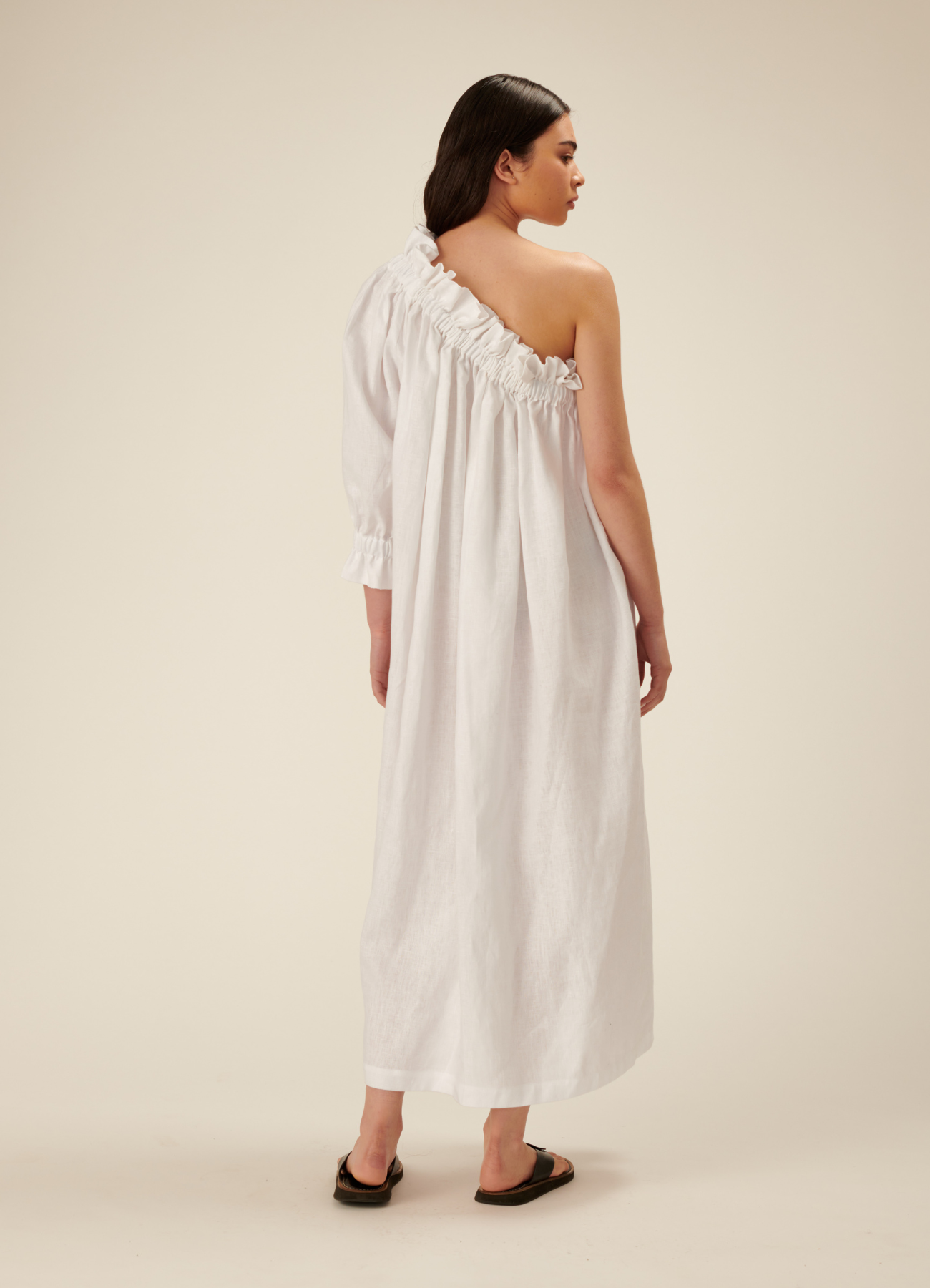 Dora One Sleeve Linen Midi Dress - White