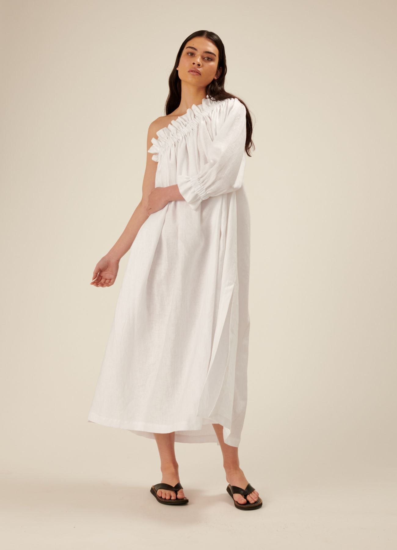 Dora One Sleeve Linen Midi Dress - White